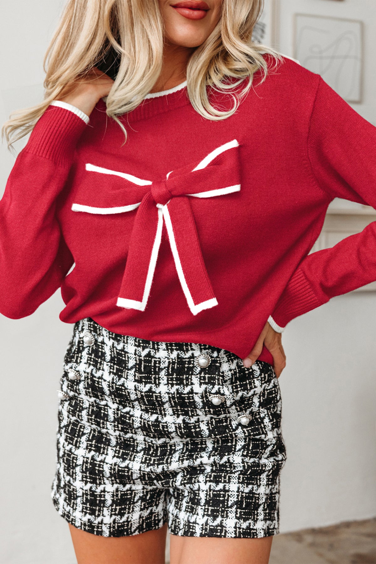 Fiery Red Contrast Trim Big Bow Accent Holiday Cropped Sweater