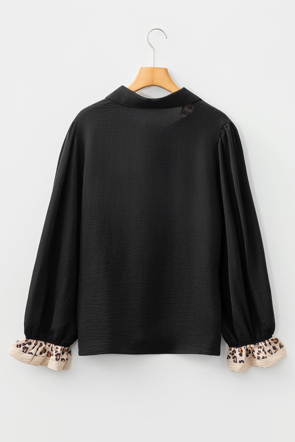 Black Contrast Leopard Print Patchwork Polo Collar Buttons Front Ruffled Long Sleeve Blouse