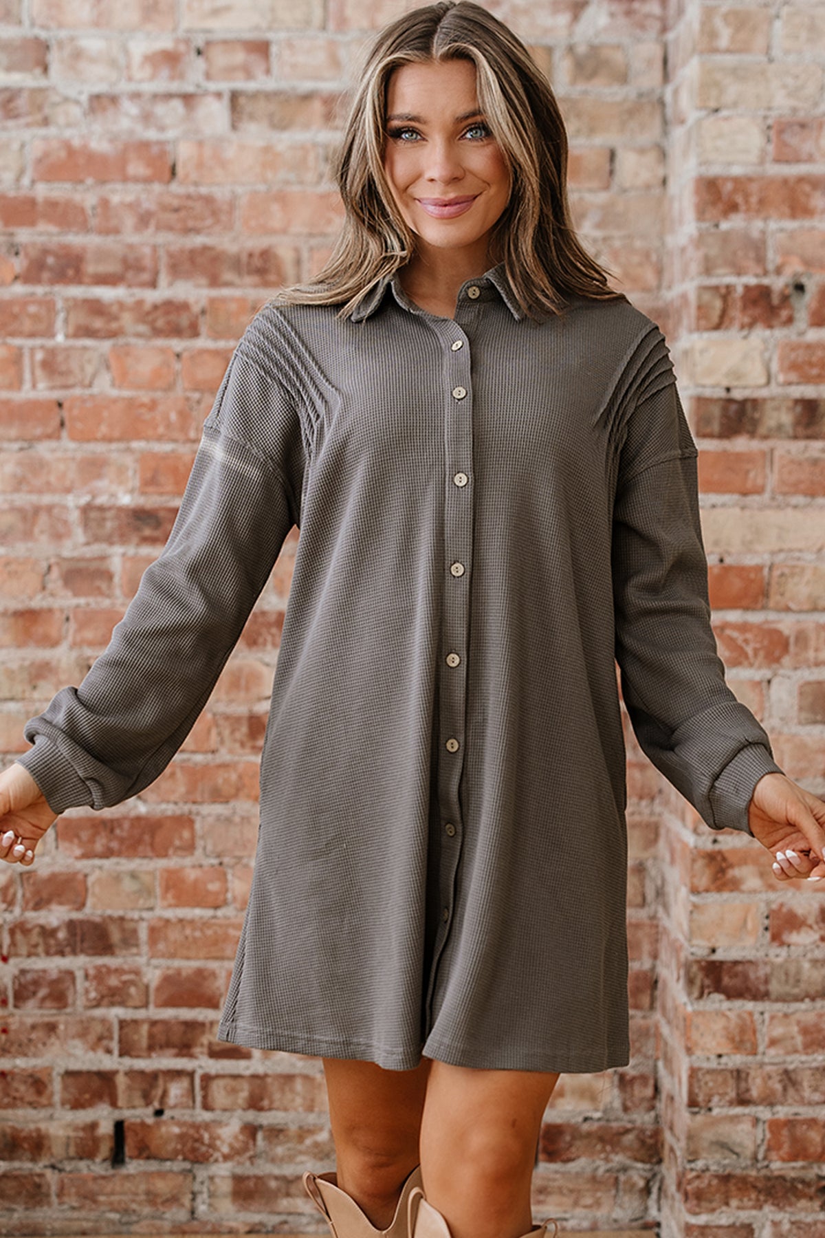 Simply Taupe Waffle Knit Shirt Tunic Dress