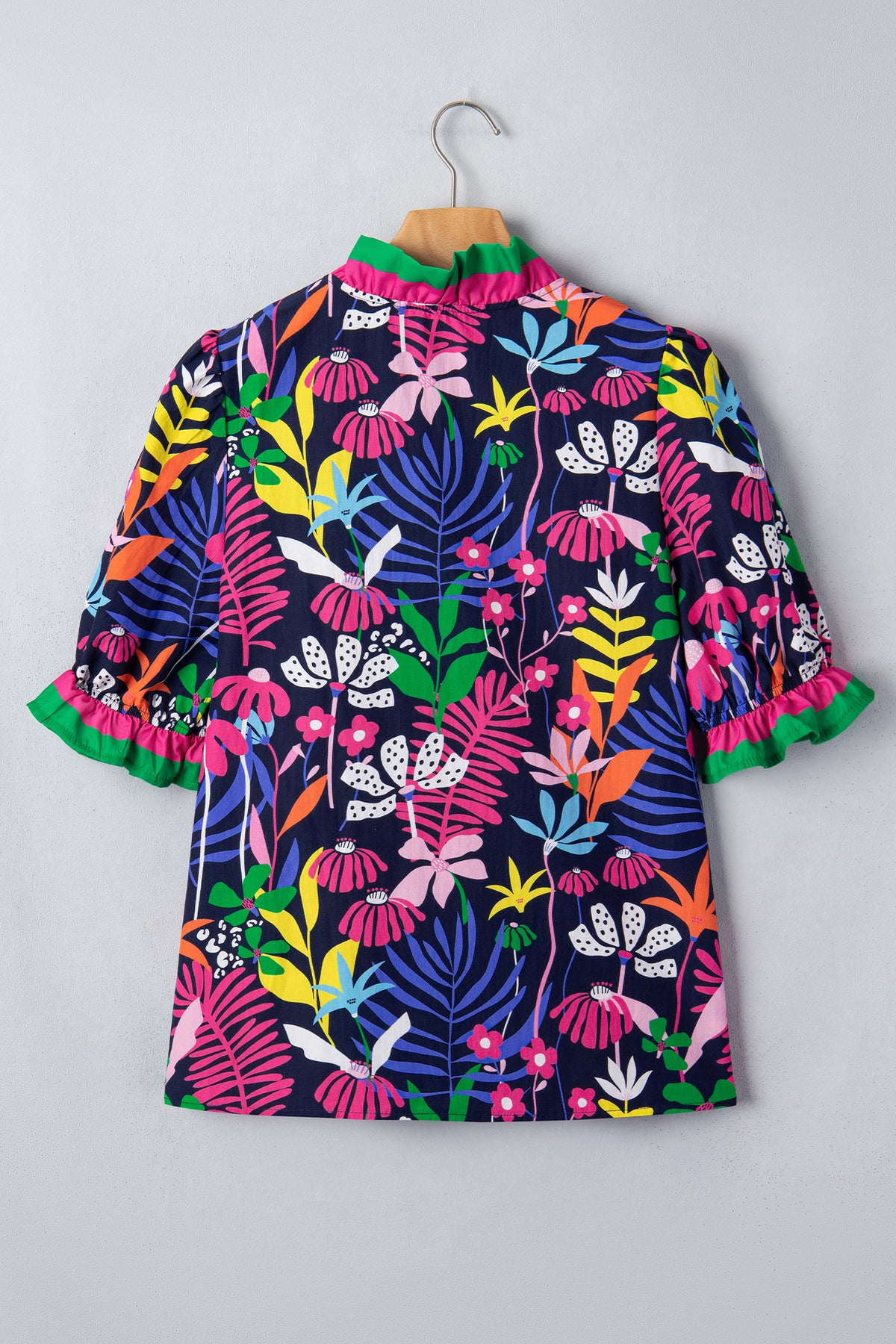 Rose Floral Print Frilled Contrast Striped Trim V Neck Short Sleeve Blouse