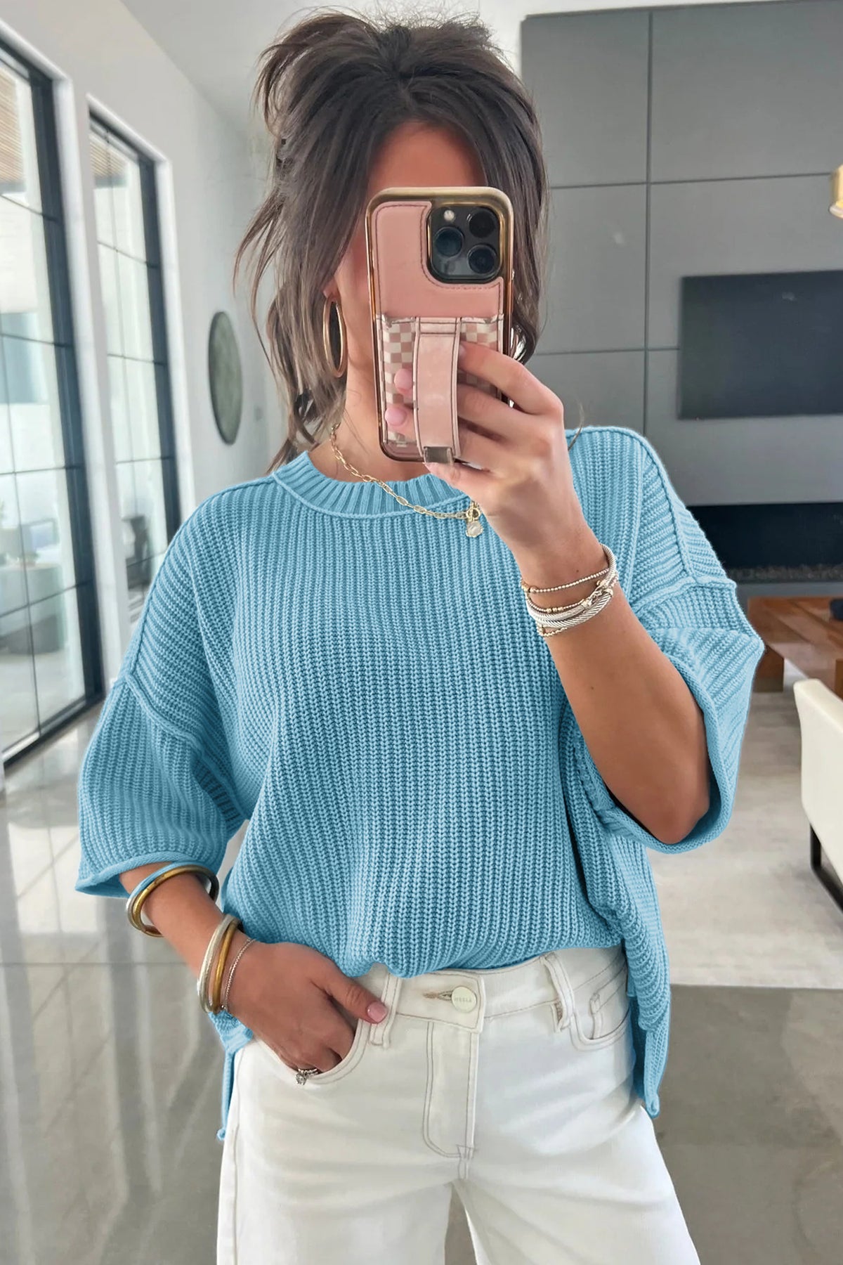 Mist Blue Exposed Seam Detail Half Sleeve Loose Sweater