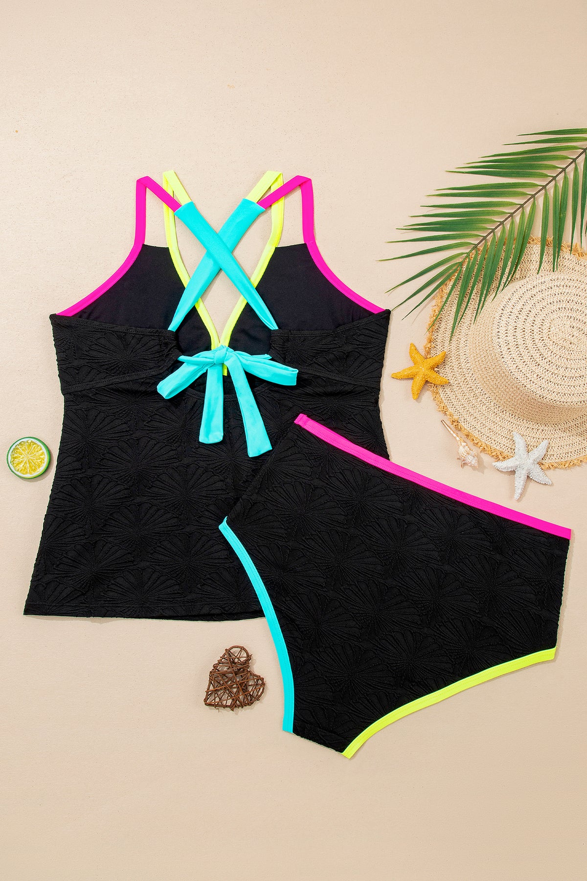 Black Floral Textured Neon Trim V Neck Crisscross Backless Tankini Set