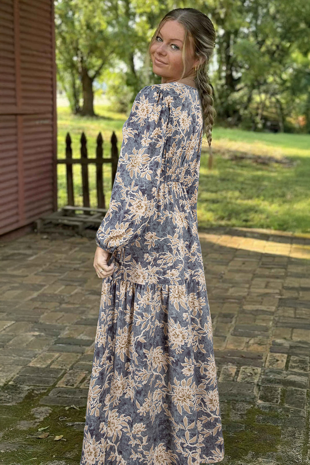 Sky Blue Floral Print Smocked High Waist Long Sleeve Maxi Dress