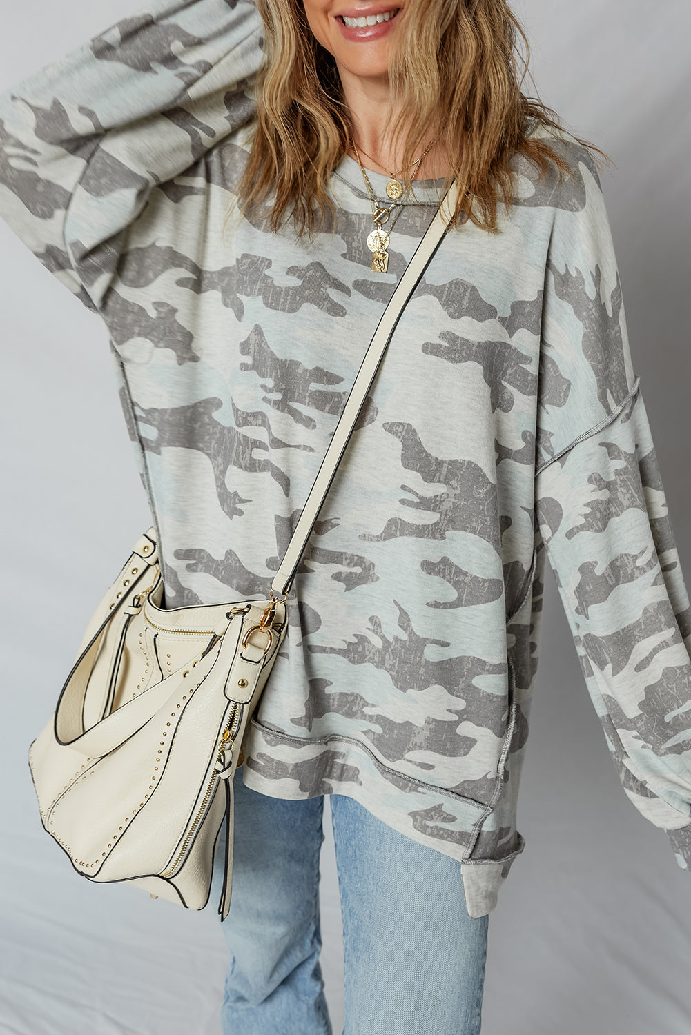 Dearlove Multicolour Retro Camouflage Print Exposed Seam Patchwork Drop Shoulder Sweatshirt