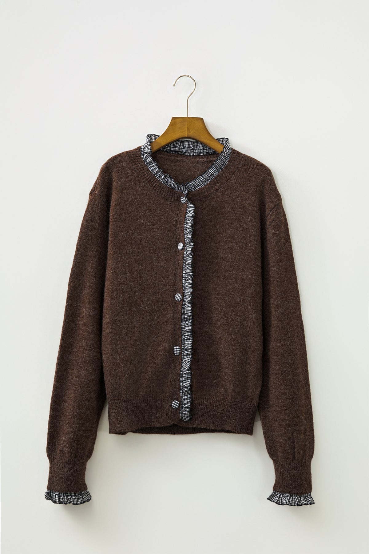 Chicory Coffee Plaid Ruffle Trim Patchwork Button Sweater Cardigan