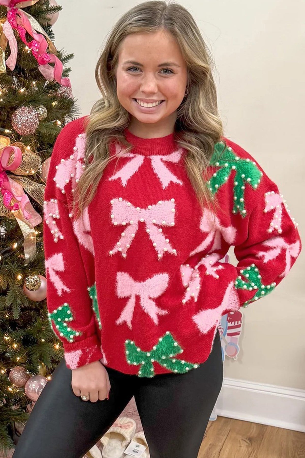 Fiery Red Bow Pearl Embellished Christmas Holiday Sweater