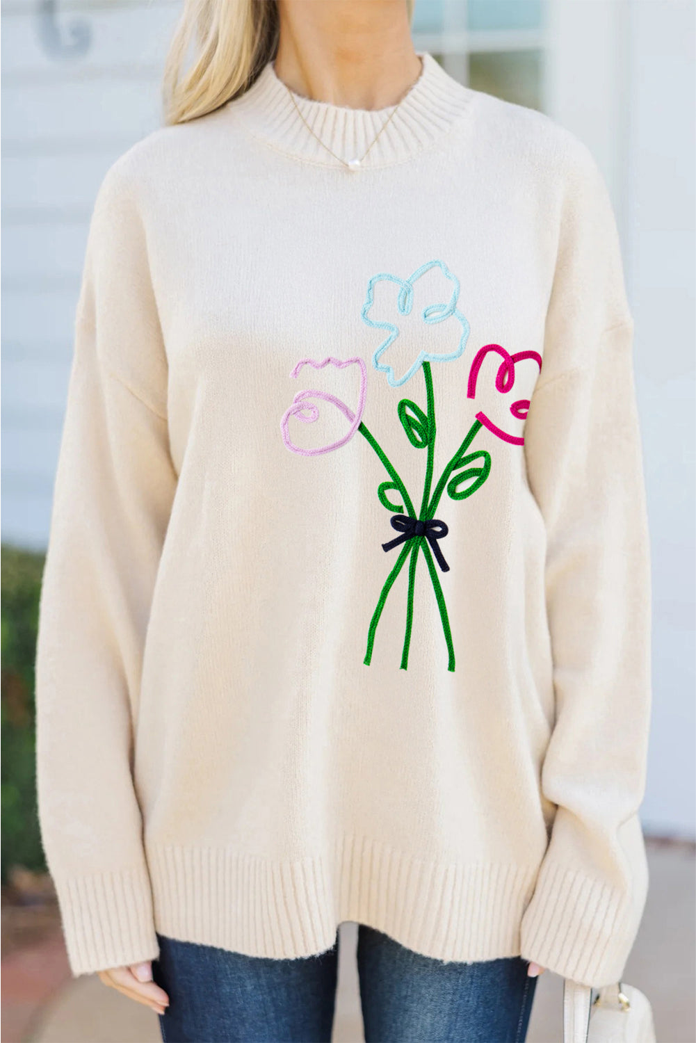 White Embroidered Flower Bouquet Ribbed Trim Loose Sweater