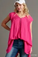 UMC3791 Dusty Munt Asymmetrical Sleeveless Top V Neck Mud Button