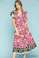 UMK0004 Cherry Red Border Print Collard Midi Dress with Ruffled Sleeves