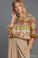 UMK9135 Cream Mix Split Neck Print Top