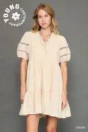 UMS5074 Cream Laced Trim Sleeve Midi Dress